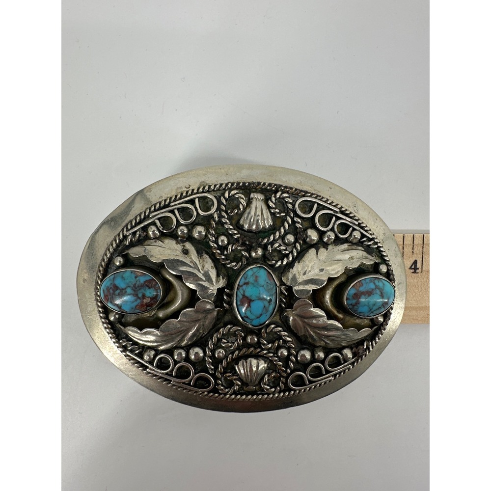 Alpaca Mexico Turquoise Belt Buckle Unisex Silver Blue Floral Leaf Shell - Picture 7 of 7